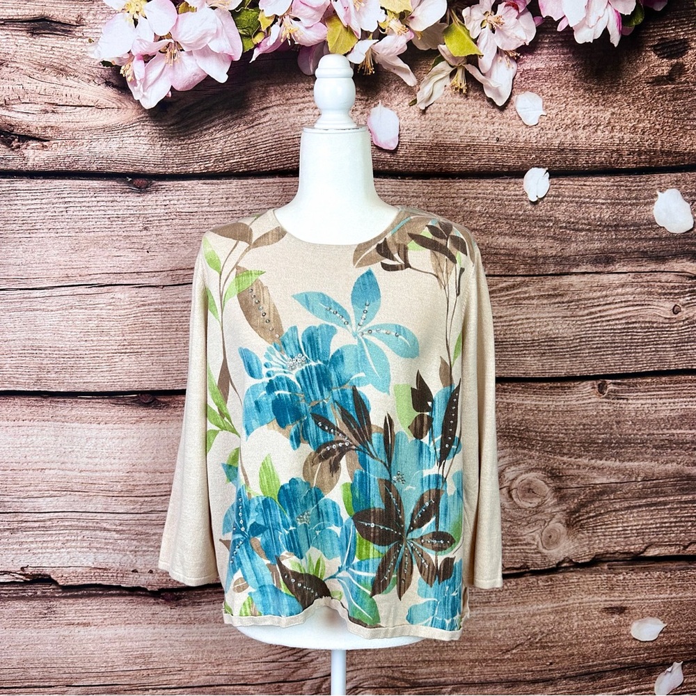 SOLD 🛍️ Alfred Dunner Women's Cotton Beige Blue Floral Printed Beaded Sweater